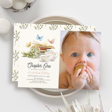 chapter one tea storybook 1st birthday photo invitation