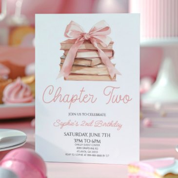 chapter two pink bow storybook 2nd birthday party invitation