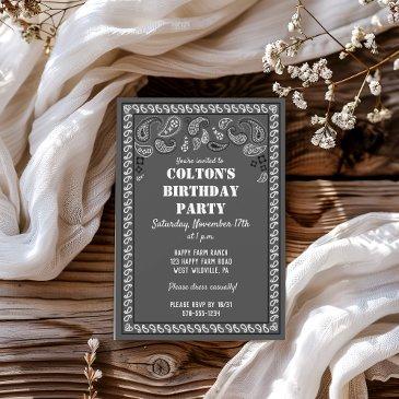 charcoal gray western bandana print birthday party invitation