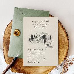 Small Charcoal Sketched Italian Winery Wedding Invitation Front View
