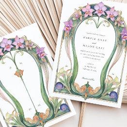 Small Charming Art Nouveau Orchids Floral Wedding Invitation Front View