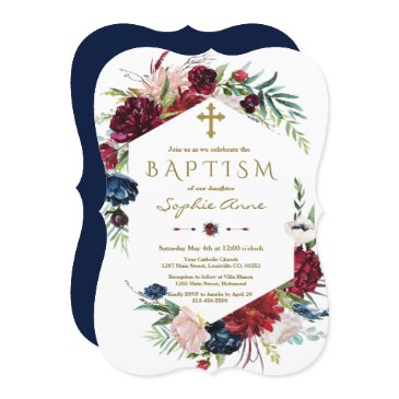 charming burgundy blue floral wreath girl baptism invitation
