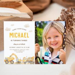 Small Charming Construction Photo Birthday Invitation Front View