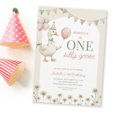 charming pink one silly goose 1st birthday party invitation