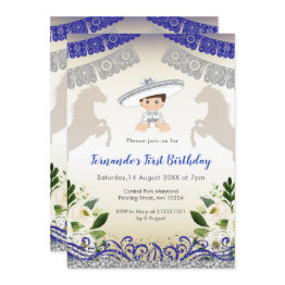 Small Charro Navy Blue Silver 1st Birthday Invitation Front View
