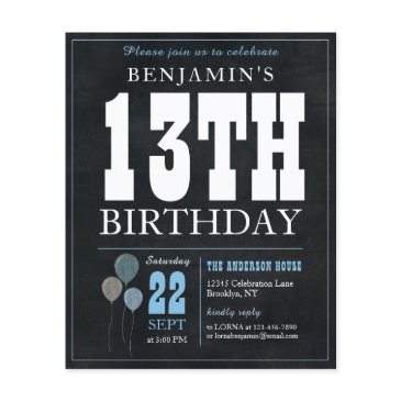 cheap rustic chalkboard blue balloon 13th birthday flyer