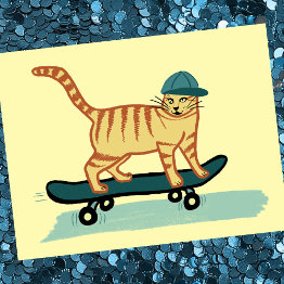 Small Check Meowt! Skateboarding Tabby Cat Customize It Postinvitations Front View