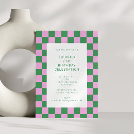 Small Checkerboard Pink Green Geometric 21st Birthday Invitation Front View