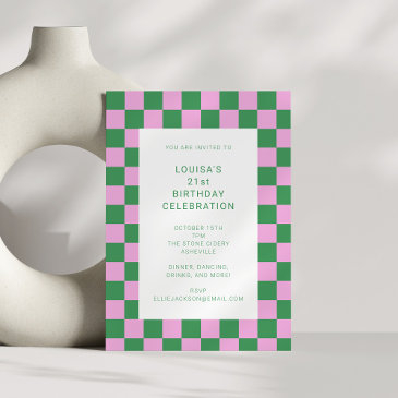 checkerboard pink green geometric 21st birthday invitation