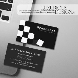Small Checkered Black And White Stylish Dark Gray Modern Business Invitations Front View