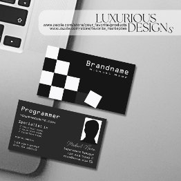 Small Checkered Black Dark Gray Modern With Photo Cool Business Invitations Front View