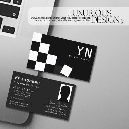 Small Checkered Black Dark Gray With Monogram And Photo Business Invitations Front View