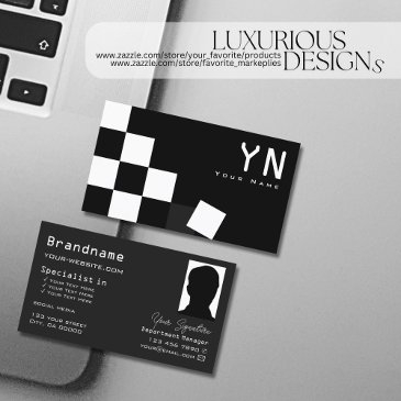 checkered black dark gray with monogram and photo business invitations