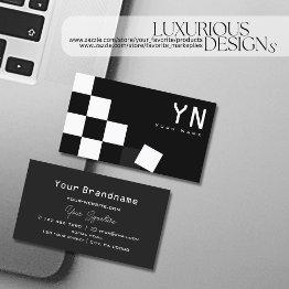 Small Checkered Black Dark Gray With Monogram Modern Business Invitations Front View