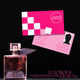 Small Checkered Pink And White With Logo & Photo Stylish Business Invitations Front View