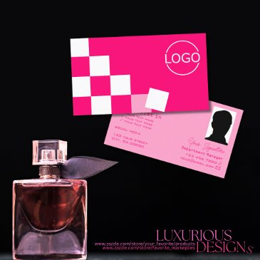 checkered pink and white with logo & photo stylish business invitations