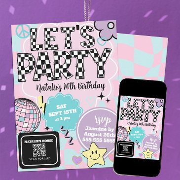 checkered retro groovy disco let's party birthday invitation