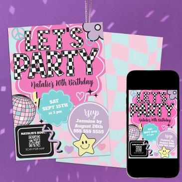 checkered retro groovy disco let's party birthday invitation