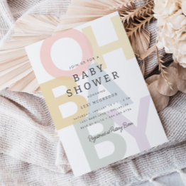 Small Cheerful Pastel Oh Baby Neutral Baby Shower Invitation Front View