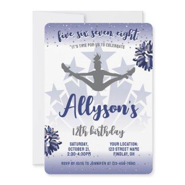 cheerleading birthday party, any age navy blue invitation