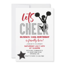 Small Cheerleading Red, Silver And Black Cheer Birthday Invitation Front View