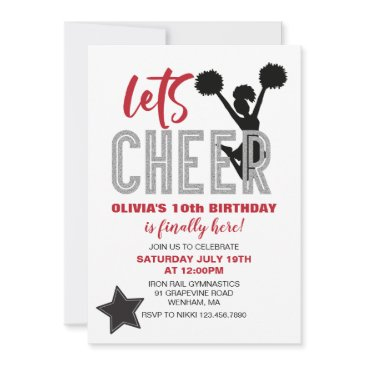 cheerleading red, silver and black cheer birthday invitation