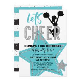 Small Cheerleading Turquoise Silver Black Cheer Birthday Invitation Front View