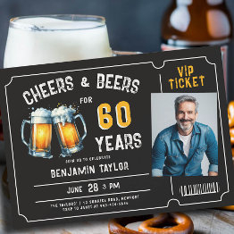 Small Cheers Beers Ticket Men Black 60th Birthday Photo Invitation Front View