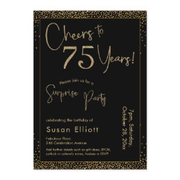 Small Cheers To 75 Years Surprise Birthday Party Black Invitation Front View