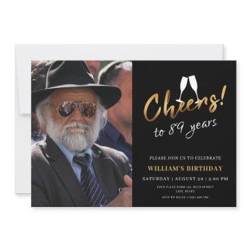 cheers to 89 years gold black adult birthday photo invitation