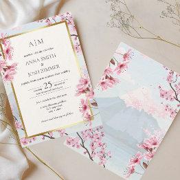 Small Cherry Blossom Japanese Elegant Gold Wedding Invitation Front View