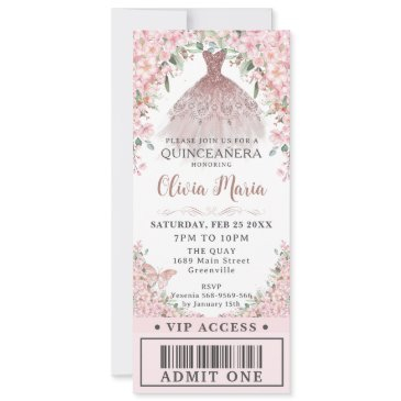 cherry blossoms blush dress quinceañera vip ticket invitation