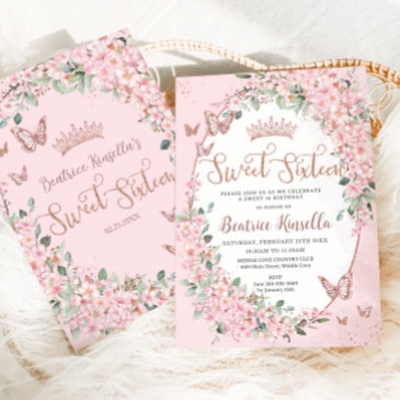 cherry blossoms floral butterflies sweet sixteen invitation