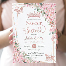 Small Cherry Blossoms Rose Gold Butterflies Sweet 16 Invitation Front View