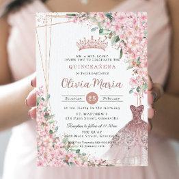 Small Cherry Blossoms Rose Gold Dress Gown Quinceañera Invitation Front View