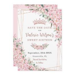 Small Cherry Blossoms Rose Gold Sweet 16 Quinceañera Save The Date Front View