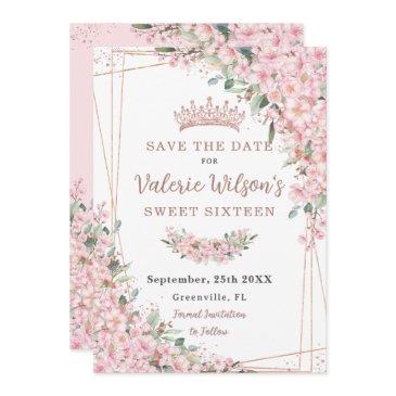 cherry blossoms rose gold sweet 16 quinceañera save the date
