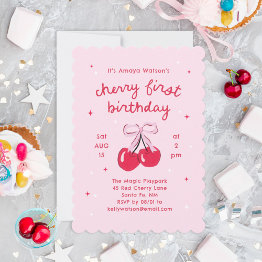 Small Cherry First Birthday Pink Coquette Bow Invitation Front View