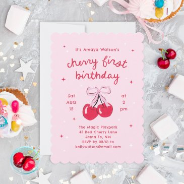 cherry first birthday pink coquette bow invitation