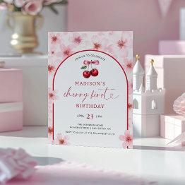 Small Cherry First Pink Cherry Blossom 1st Birthday Invitation Front View