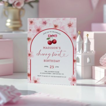 cherry first pink cherry blossom 1st birthday invitation