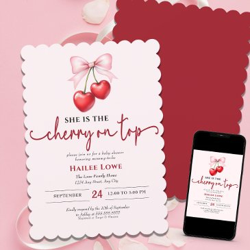cherry on top custom coquette pink bow baby shower invitation
