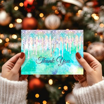 chic blue aqua unicorn drips glitter thank you invitations