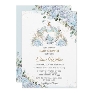 chic blue roses princess carriage baby shower invitation