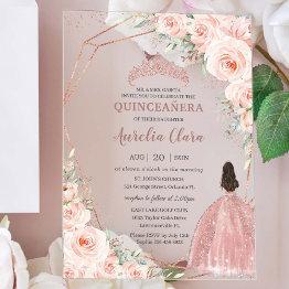 Small Chic Blush Floral Rose Gold Quinceañera Princess Acrylic Invitations Front View