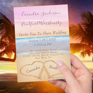 chic blush pink beach wedding 2 hearts in the sand invitation