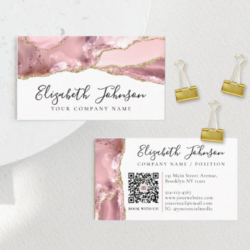 chic blush pink gold glitter agate marble qr code business invitations