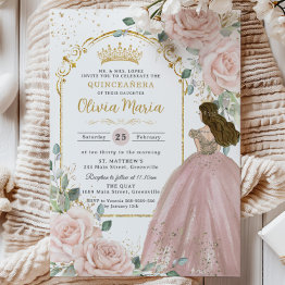 Small Chic Blush Pink Roses Floral Princess Quinceañera Invitation Front View