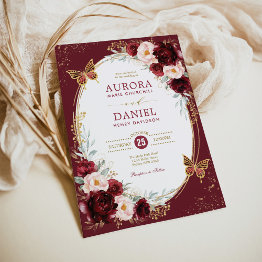 Small Chic Burgundy Blush Floral Butterfly Wedding Party Invitation Front View