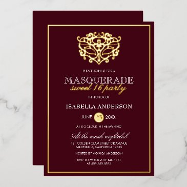 chic burgundy red & gold masquerade sweet 16 party foil invitation